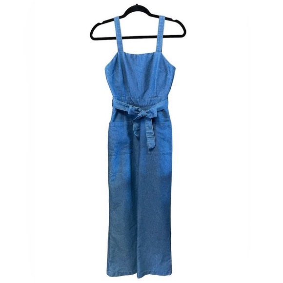 91 Cotton On Womens Jumpsuit Blue Belted Square Neck Short Sleeve Straight Leg 2 - Picture 1 of 6